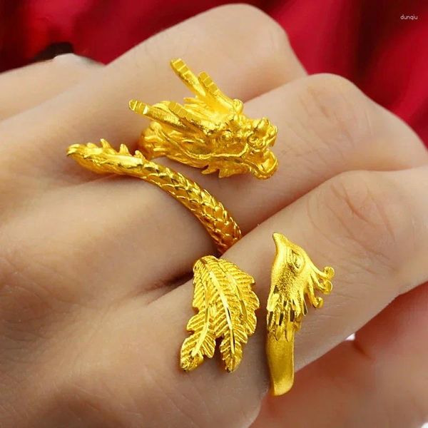 Anelli a grappolo di alta qualità 999 Color Gold Pure Gold Phoenix Dragon Coupon Ring per gli amanti Donne Donne Co accoppiano Feed Finger Jewelry