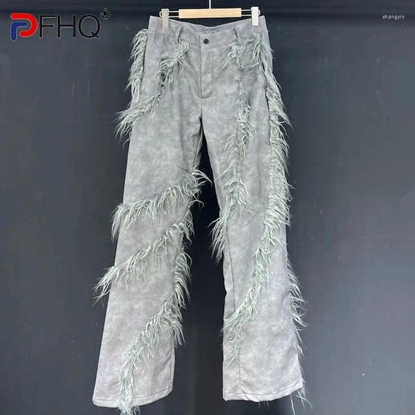 Calças masculinas Pfhq Flado de ajuste solto PU PLUSH PAINED NICHE Design Baggy Blesome Pesado Indústria Male calça machada Spring 21z4265