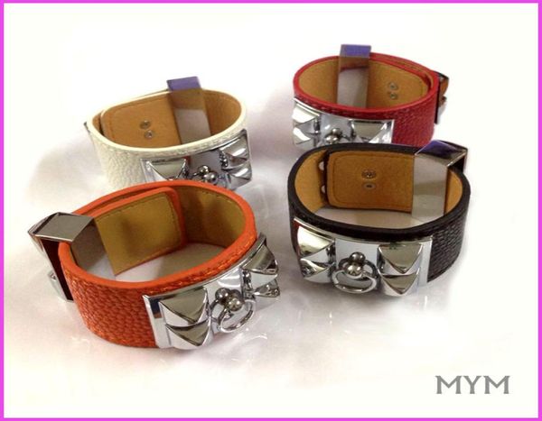 Alloy Fashion Punk Big Rivets Titanum Steel Bracelet com couro em muitas cores Mulheres e Man Plate com Nome da marca Silver JE6895256