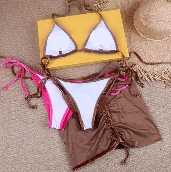 Velvet Swimwear Luxury Tre pezzi Bikini Set di gonna brasiliana Suenza di nuoto Designer Swimsuit Women Sexy Biquini Push Up Bareding Brand Brand Mononiki S-XL Wear