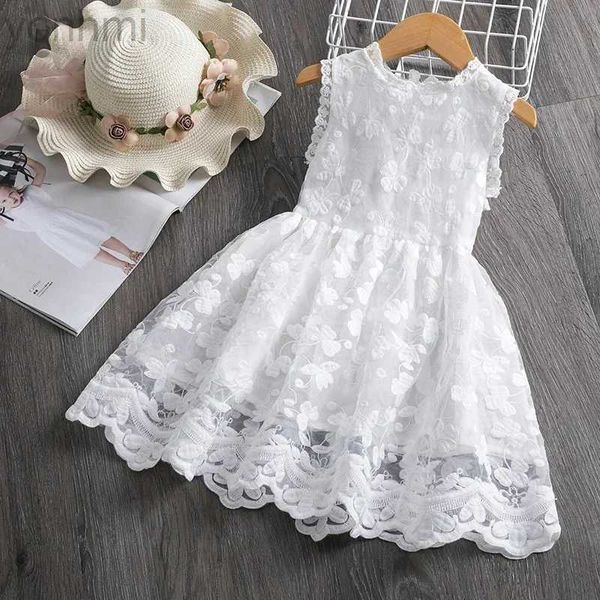 Abiti da ragazza Summer Kids Dresses for Girls 3-8 Yrs Flower Lace Children Cashing Abbigliamento Casualità festa Vestite White Wedding Wedding Evening Dress D240423