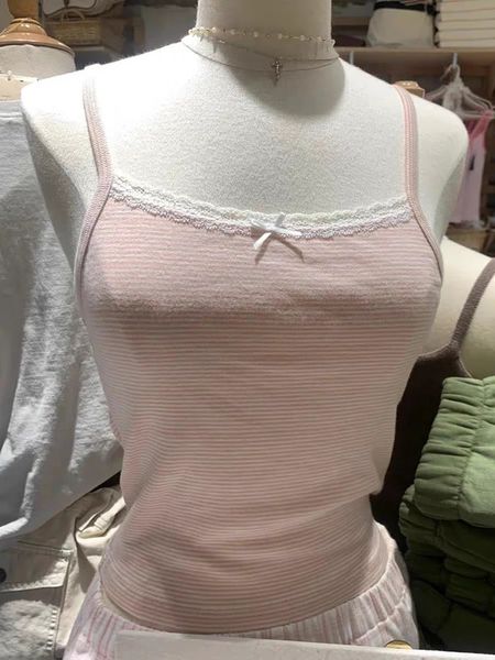 Süße rosa Streifenspitzen Crop Top süße Bogen weiche Baumwollhülsen und Sommer Camis Westen Frauen Vintage Harajuku Slim Tanktops Y2K 240408