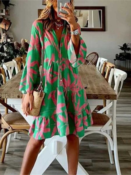 Basic Casual Kleider 2023 Herbst Boho Urlaubshemd Kleider für Frauen sexy V-Ausschnitt Flare Sleeve Elegante Rüschen Druck Kleid Frühlingsloser Kleid 240419