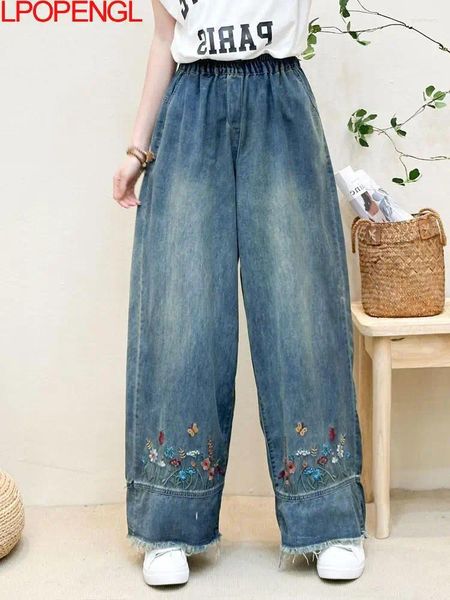 Frauen Jeans Frühling Frau Ethnischer Stil 2024 Vintage Sticked Blumenwäsche lose elastische Taille-Denim-Denim-Hose mit breitem Bein