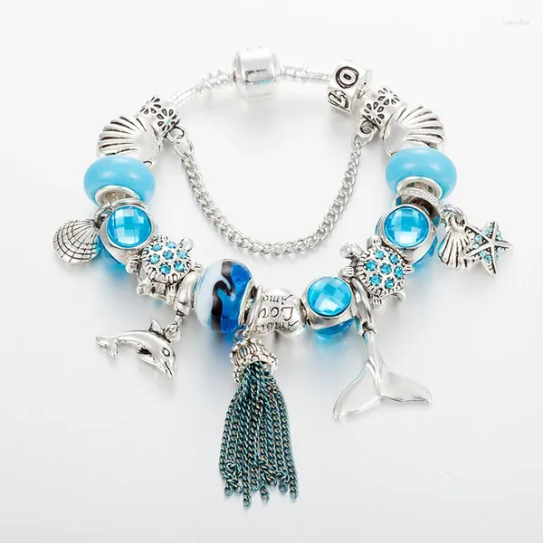 Очарование браслетов Аннапаер сериал Sea Ocean Bangles Blue Crystal Silver Color Dolphins Bead для женщин подарки Diy Jewelry B17094