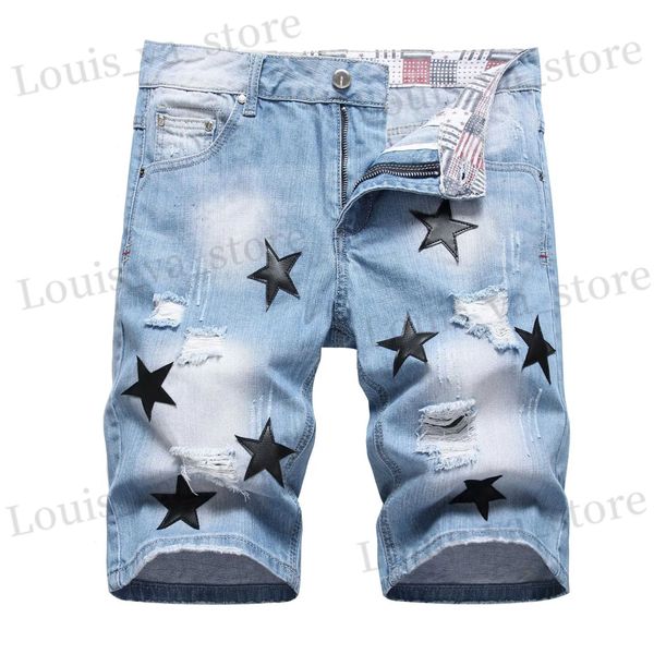 Shorts masculinos high strt strt azul de jeans de jeans para homens estrelas de retalhos de calças jeans finas destruíram buracos leves machos roupas de verão T240419