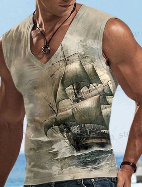 T-shirt maschile Coold Slveless Top Top Pattern Boat V Neck Bothing 3D Stampa 3D American Strt Vintage Tops oversize 2xs-6xl T240419