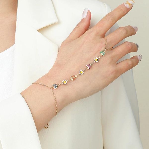 Link braccialetti Qiamni un unico anello di dito della catena a mano con farfalla unica bracciale regolabile per donne regali per gioielli da festa