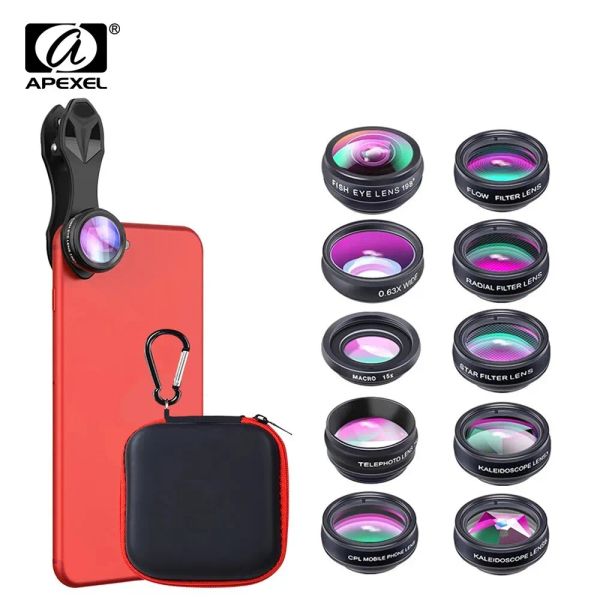 Телескопы Apexel Phone Lens Kit Universal 10 в 1 Fisheye Широкологический макроугольный фильтр калейдоскоп+2x телескоп объектив для смартфонов