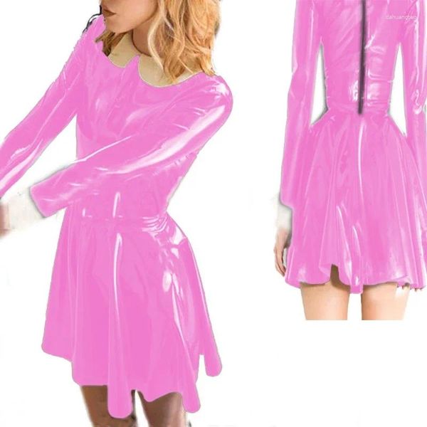 Vestidos casuais fêmea doce gola virada de manga longa vestido A-line Pvc couro mans fino mini mulheres sexy lolita gótica curta curta