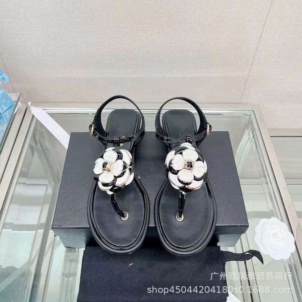Hausschuhe Camellia Klemme Zehen flache Sandalen Frauen Freizeit vielseitig schwarz weiße Blumenstreifen Strand Schuhe Fee