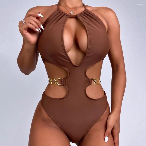 Frauen Badebekleidung ein Stück Badeanzug sexy brauner Rückenless Ausschnitt