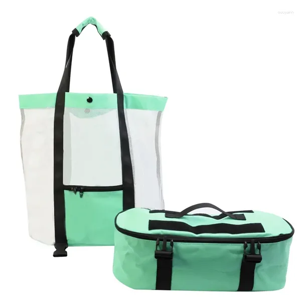 Dinnerware 2-em 1 Mesh destacável Bolsa de praia para toalhas de brinquedos para lancheiras Flip-flops Armazenamento portátil com térmica