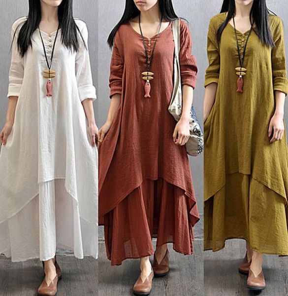 Frauen Bauern ethnische Boho -Baumwolle Langarm Langarm Maxi Kleider Zigeunerbluse false zwei Teile gegen Nackenknopf Boho Long Maxi Kleider8607642