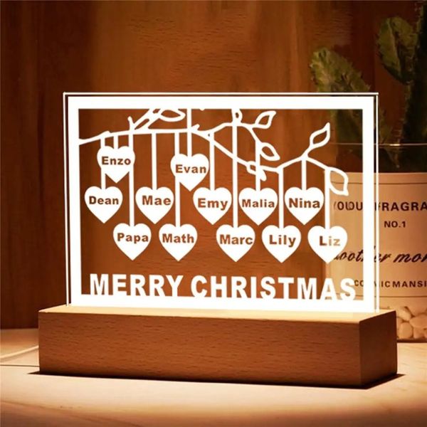 Nomi di cuore leggero per alberi da famiglia personalizzati fino a 12 nomi Lampada di base in legno a LED USB per la festa della mamma Regali di mamma di Natale 240403