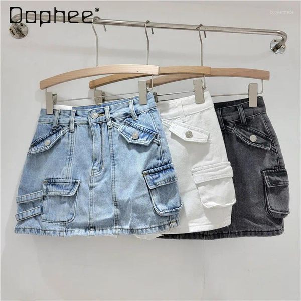 SKIRTS COREAN CASual Casual All-Match Multi-Pocketwear estilo de trabalho alta Salia de jeans de cintura Alta primavera Summer Sold Sold Color Short Hip for Women