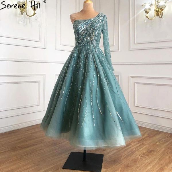 Partykleider Serene Hill Turquoise Luxus -Knöchel Länge Abendkleider 2024 eine Schulterperlen sexy für Frauen GLA71021