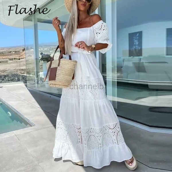 Vestidos casuais básicos novos vestidos de boêmia para mulheres elegantes vestido de festa de praia branca manga curta de renda a linha longa feminino maxi vestidos 240419