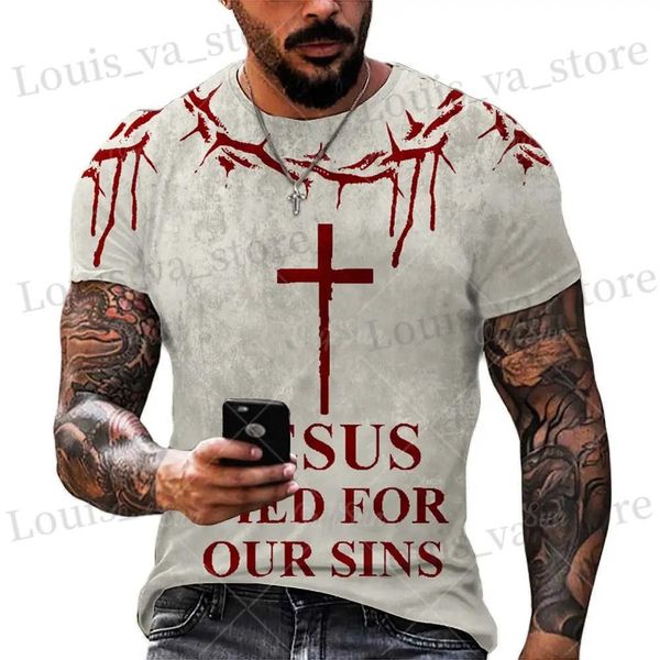 Camisetas masculinas camisetas para homens Cruz Gráfico Jesus Cristo 3D Imprimir Mens Tsshirt Retro Classic Slited Short Liew Personality Tops Opeversized Tops T240419