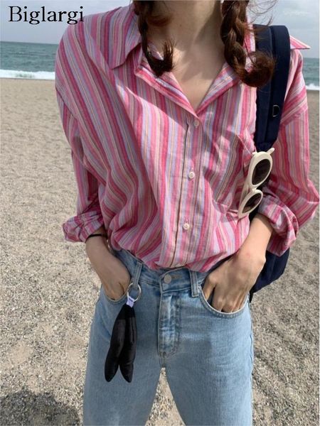 Frauenblusen Frühling gestreifte Druckhemden Tops Frauen Langarm Casual Fashion Lose Plissee Damen koreanische Stil Frau Pink