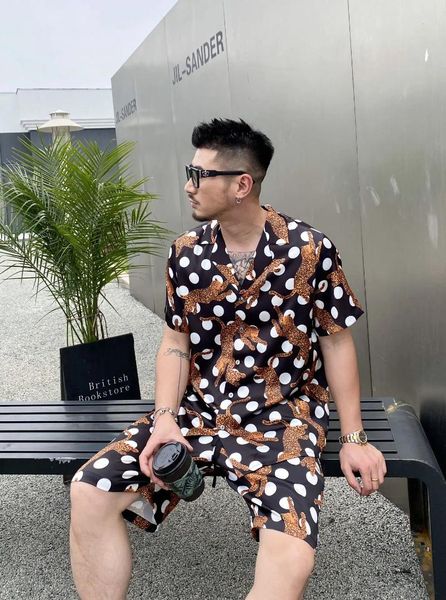 Мужские повседневные рубашки летние рубашки наборы на Гавайях с коротким рукавом мужчина леопардовый принт в стиле Англи