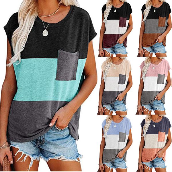 Camisetas de verão para mulheres coloras coloras colheita de manga curta camisetas com top de bolso