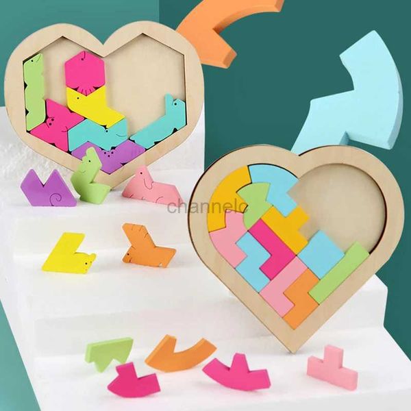 3D Rätsel Kinder Holz 3D Puzzlespiel Buntes Puzzle Tangram Math Toys Herz Form Baby Montessori Bildungslernspielzeug 240419