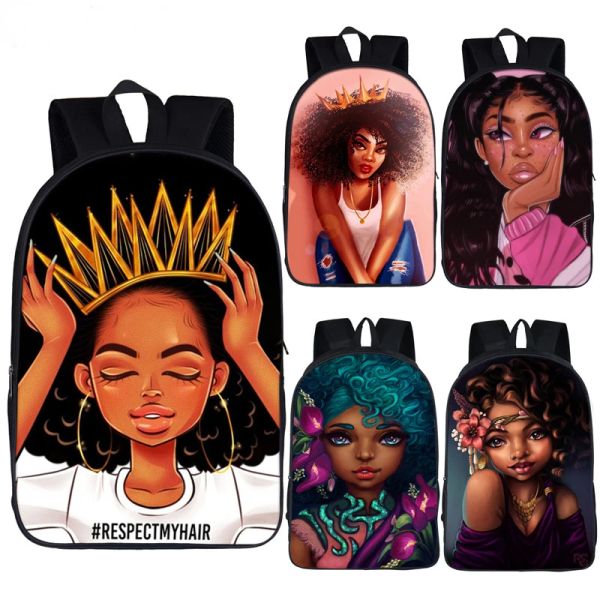 Bolsas Afro Girl Backpack Princess com Crown Children School School for Teenager American Africa Black Girls School Backpack Bookbag