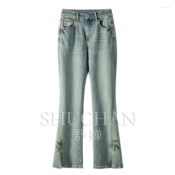 Jeans femminile ricamato a flace bagliori donne 93,5% cotone 2024 estate split streetwear pantalon vintage mujer