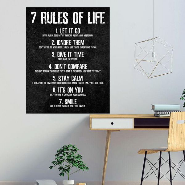 7 Regras da vida Citações inspiradas Coster Canvas Motivational imprime a pintura preta e branca Pictures de parede vintage para decoração da casa da sala