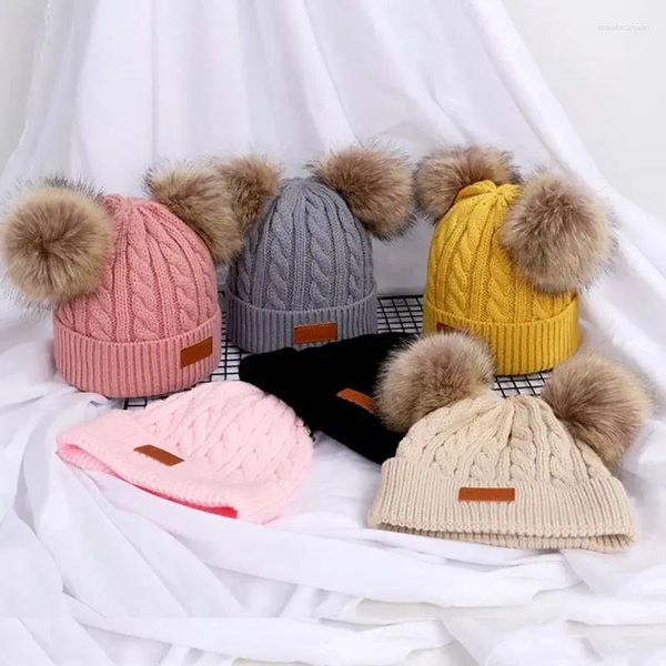 Berets милая двойная шерстяная помпаня детская шляпа детская кепка теплые осенние зимние шляпы для детей, девочки, вязаные шапочки, вязаные шапочки, капот