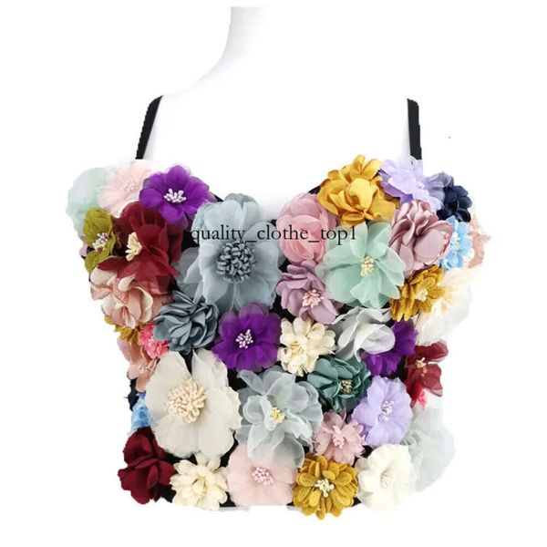 Frauen mehrfarbige Blumenstickerei Bralette mit bunten dreidimensionalen Tassen und Blumen Applikationen Mode Crop Top Top Gurt S-L 793
