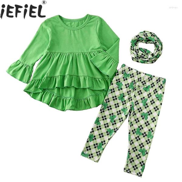 Set di abbigliamento per bambini abiti da ragazza set autunno modello a petrolio verde blusa pantaloni di stampa a trifuga sciarpa 3pcs per bambini