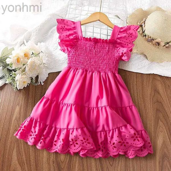 Vestidos de menina 2024 Vestido de verão de garotas novas roupas de garotas de babados de placas de princesa Rose Rose Red Smocked Kids Dress Girl Dress D240419