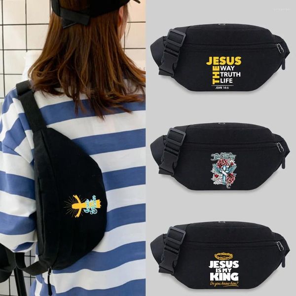 Bolsas de cintura Bolsa de bolsa de bolsa casual bolsa de cinta feminina telefone de armazenamento de viagem Jesus imprimindo Fanny Pack Banana Hip Bockets