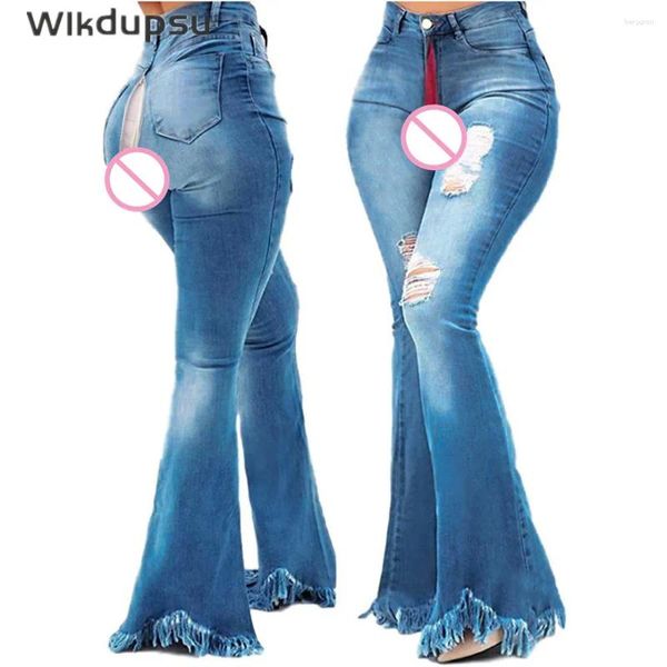 Jeans femininos rasgados mulheres magras zíper invisível torcela aberta calça de sexo ao ar livre Roupas de cintura alta Tassel Tassel Denim Flare Troushers