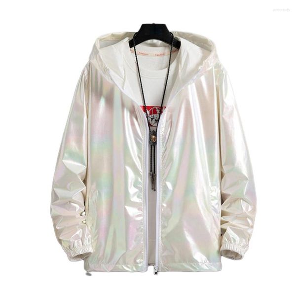 Herrenjacken Herren Sommereis Seide Ultra-dünn helle farbenfrohe reflektierende Sonnenschutzmittel mit Kapuze mit Langarmtaschen Mantel Streetwear Jacke