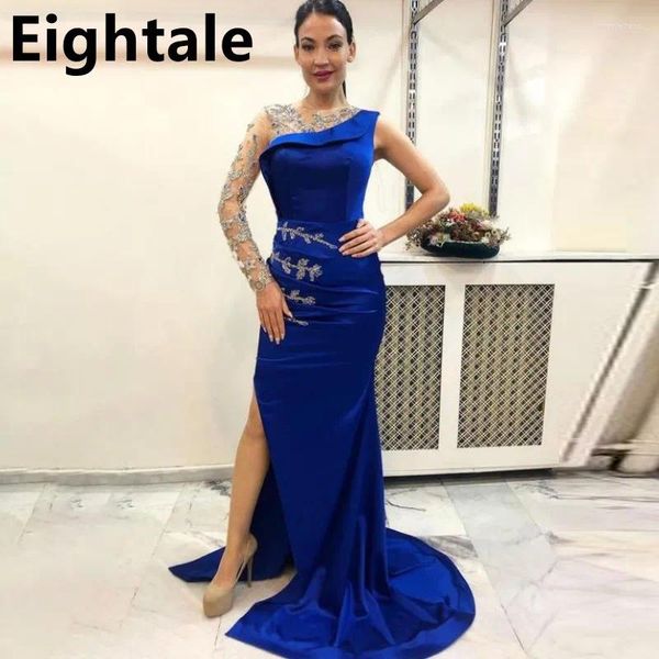 Vestidos de festa oitavale 2024 Royal Blue Mermaid Dress Appliques Miços de uma manga Celebridade formal da fenda