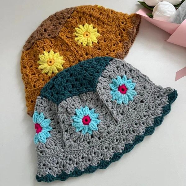 Berats Frauen Frühling Sommer Daisy gewebte Blumenhandhaken Stricker Eimer Hut weibliche süße kontrastierende Farbe Meeres Urlaub Topf