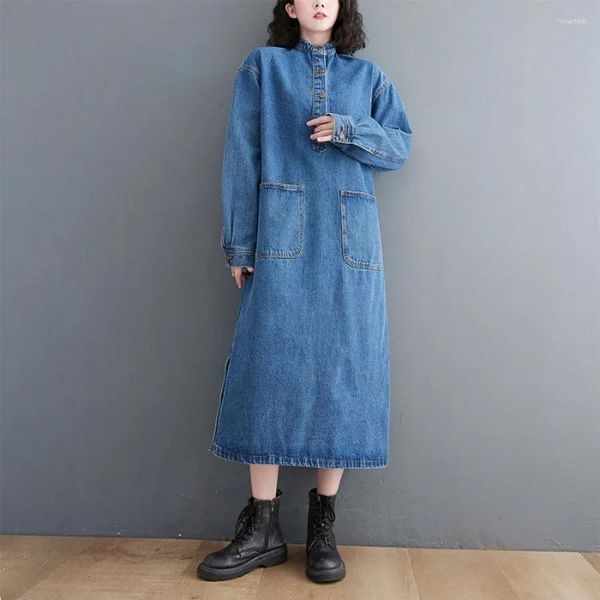 Lässige Kleider Langarm Denim Hemden Kleid Frauen 2024 Jeans Lose koreanischer Stil Frauen Herbst Frühling