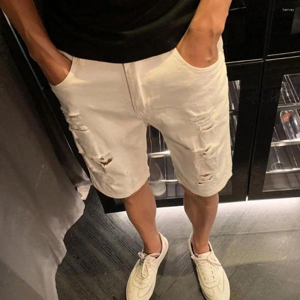 Shorts masculinos homens de cor sólida jeans elegante com buracos rasgados zíper bolsos de verão moda para ajuste reto