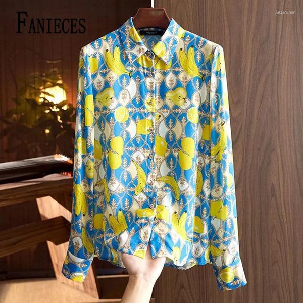 Fanieces femininas Fanieces S-4XL de verão de chiffon blusas mulheres amarelas tampos de estampas azuis de escritório, senhoras magras, top casual top 6857