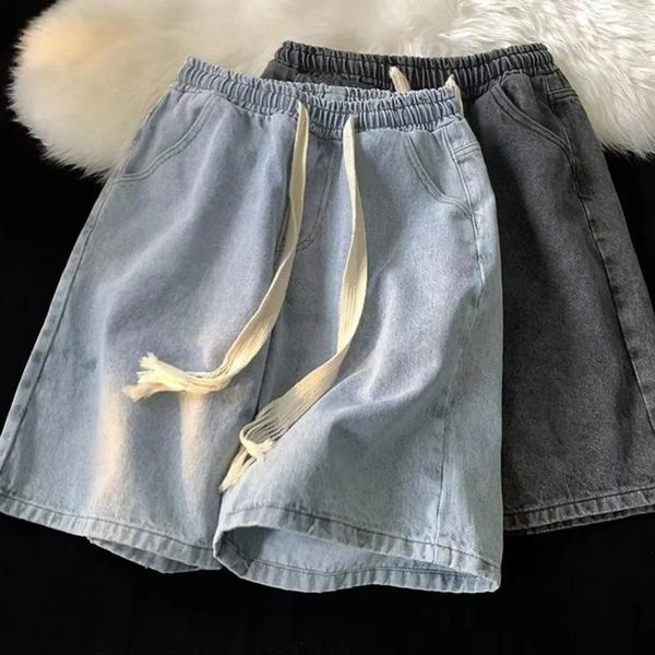 Herren Jeans Herren Sommer lässige Shorts Elastic Drawess Bundesbund Taschen Strand Feste Farbe Weitbein schnell trockener Denim