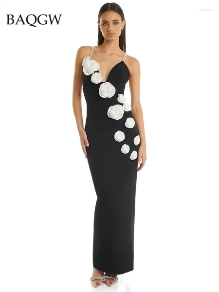 Lässige Kleider Frauen elegante Luxus -Verbandskleid Kleid Perlen Spaghetti -Gurt Schöne Blumen Design schwarzer langer Party Abend Kleidung