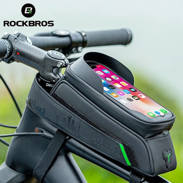 Çantalar Rockbros Bike Çanta Çerçeve Ön Tüp Bisiklet Torbası Su Geçirmez 6.6in Telefon Kılıfı Dokunmatik Ekran Çantası MTB Paket Bisiklet Aksesuarları
