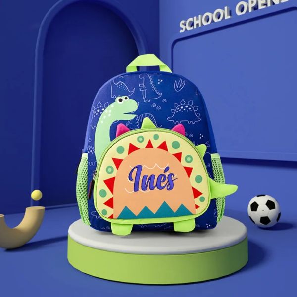 Bags Nome personalizado Balta de dinossauro azul de dinossauro azul de dinossauro Backpack Backpack Backpack Zipper Fechamento de Backpack Dinosaur Custom