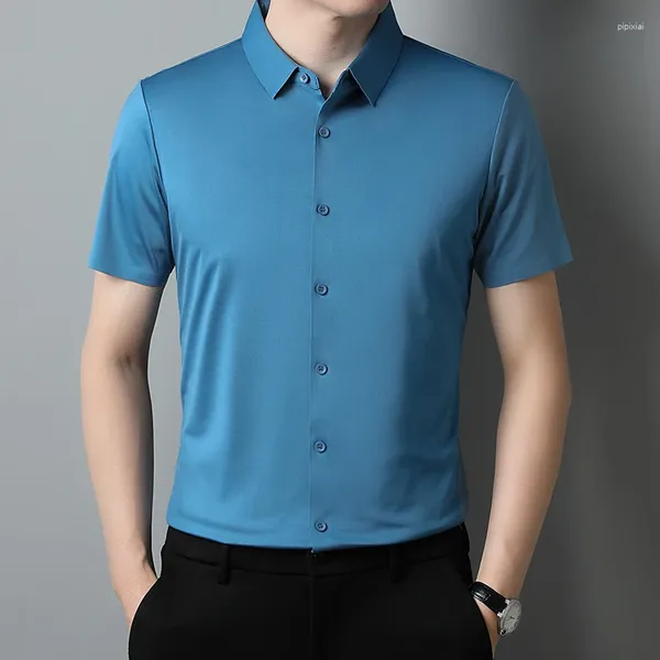 Herren -Hemdhemden 2024 Sommerhemd Feste Farbe Slim Fit Flip Kragen Geschäfte atmungsaktives Mode lässig Kurzarm