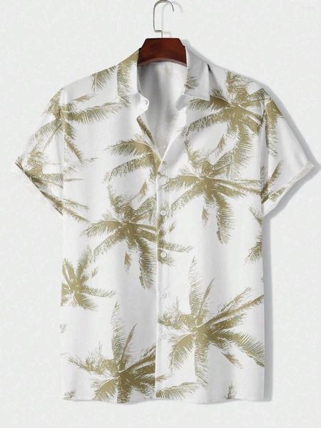 Erkekler Sıradan Gömlek Erkekler ve Erkekler İçin Yaz Şık Yaku Palmiye Ağacı Baskı Tasarımı Kısa Kollu Düğme Üstler