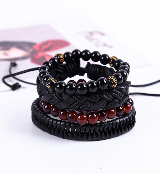 Fili di perline da 8 mm Bracciale da 4 pezzi da 4 pezzi per uomini per uomo fatti a mano in pelle tessera a mano Multilayer multistrato regolabile braslet antico hombr6653298