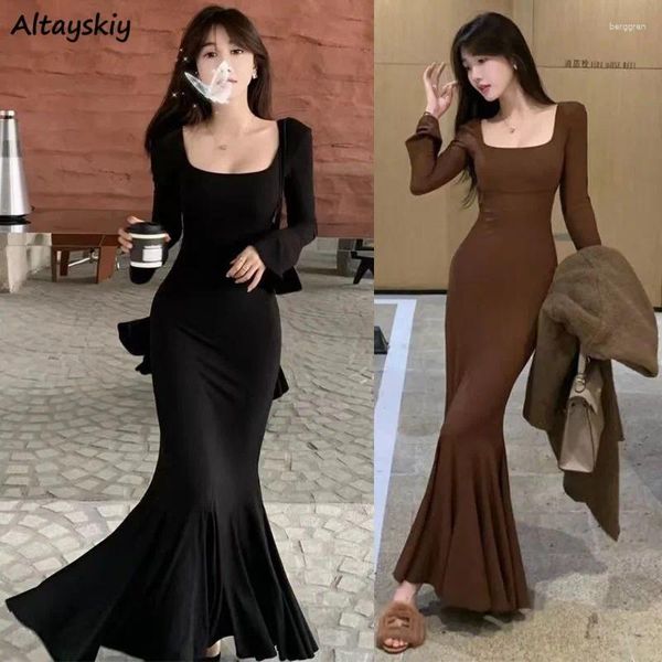 Vestidos casuais mulheres sexy mulheres sólidas elegantes elegantes cintura alta moda de tornozelo ling manga famosa lady slim streetwear boate